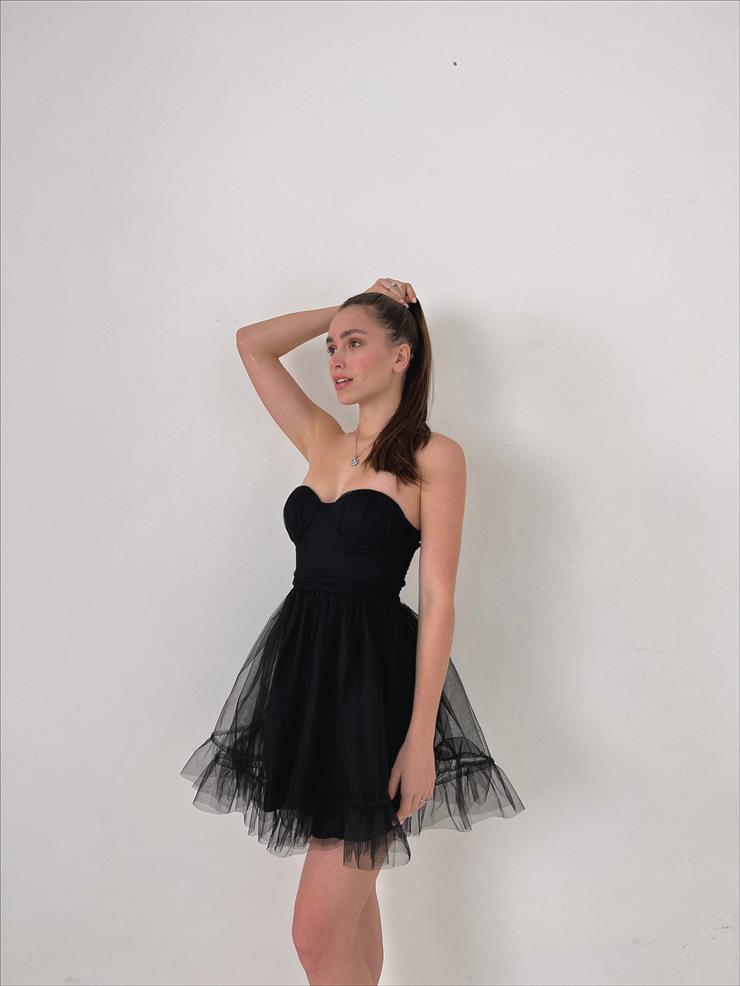 Straplez Belden Oturtmalı Eteği Tül Tara Kadın Siyah Mini Elbise 23Y000027