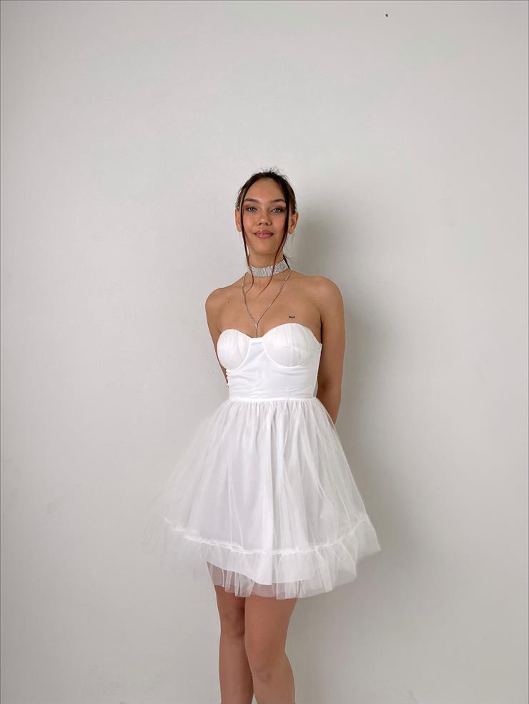 Straplez Belden Oturtmalı Eteği Tül Tara Kadın Beyaz Mini Elbise 23Y000027