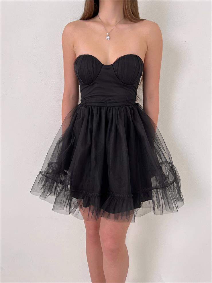 Straplez Belden Oturtmalı Eteği Tül Tara Kadın Siyah Mini Elbise 23Y000027