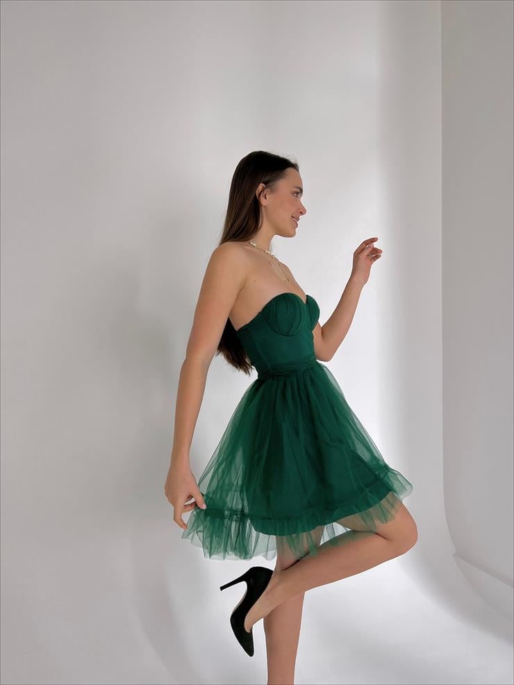 Straplez Belden Oturtmalı Eteği Tül Tara Kadın Yeşil Mini Elbise 23Y000027