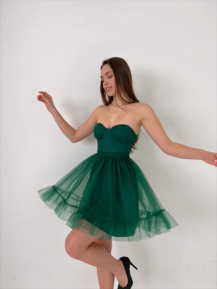 Straplez Belden Oturtmalı Eteği Tül Tara Kadın Yeşil Mini Elbise 23Y000027
