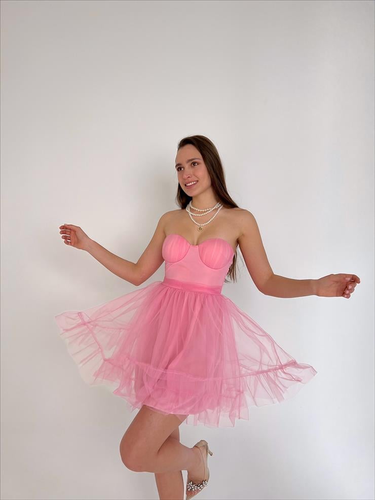 Straplez Belden Oturtmalı Eteği Tül Tara Kadın Pembe Mini Elbise 23Y000027