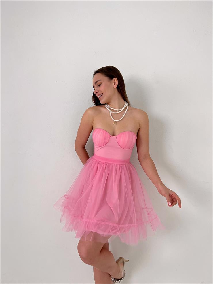 Straplez Belden Oturtmalı Eteği Tül Tara Kadın Pembe Mini Elbise 23Y000027