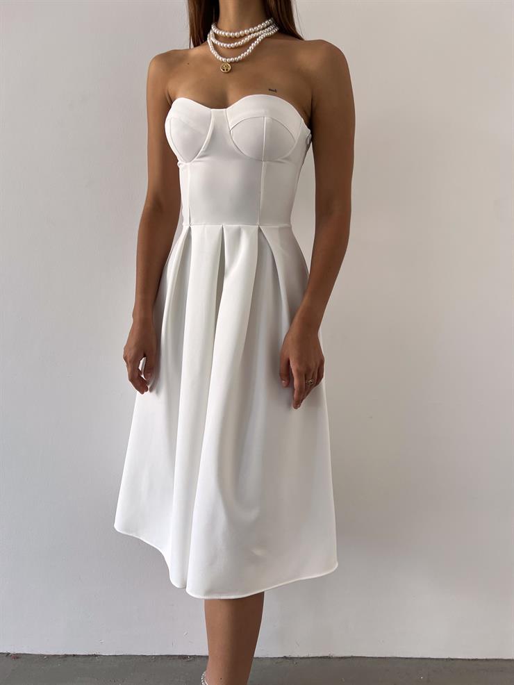 Straplez Belden Oturtmalı Maks Kadın Beyaz Elbise 23Y000483