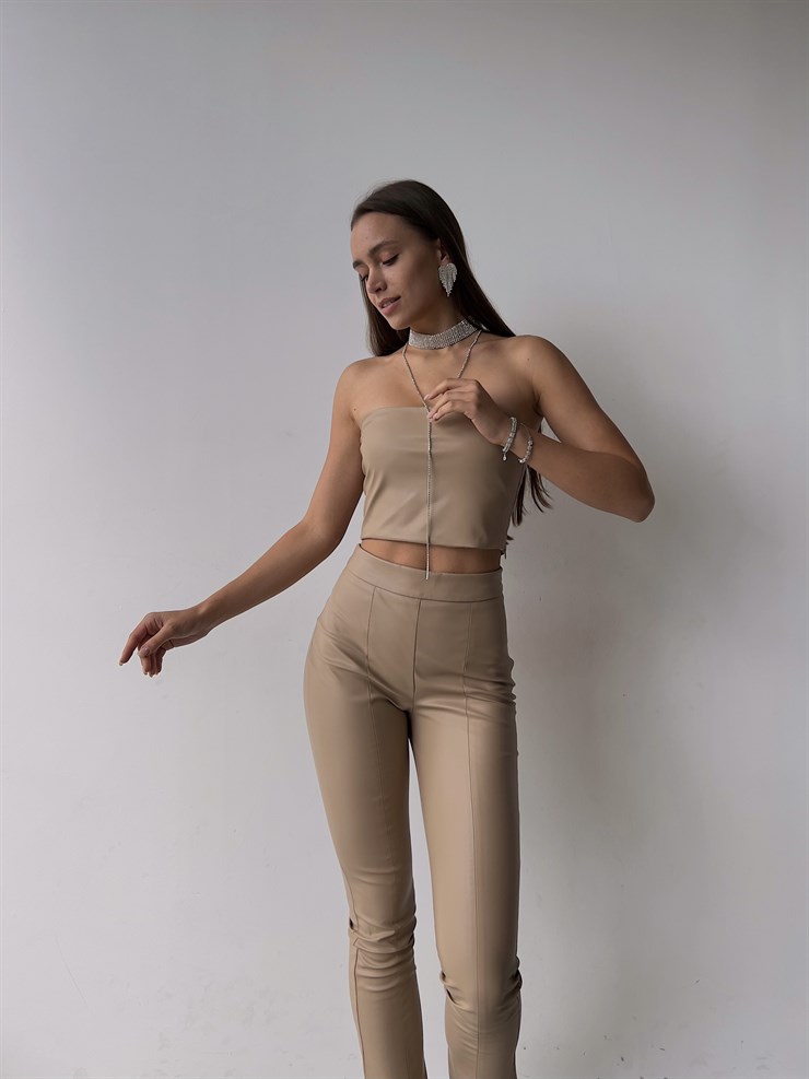 Straplez Diogo Kadın Bej Vegan Deri Crop 23K000141