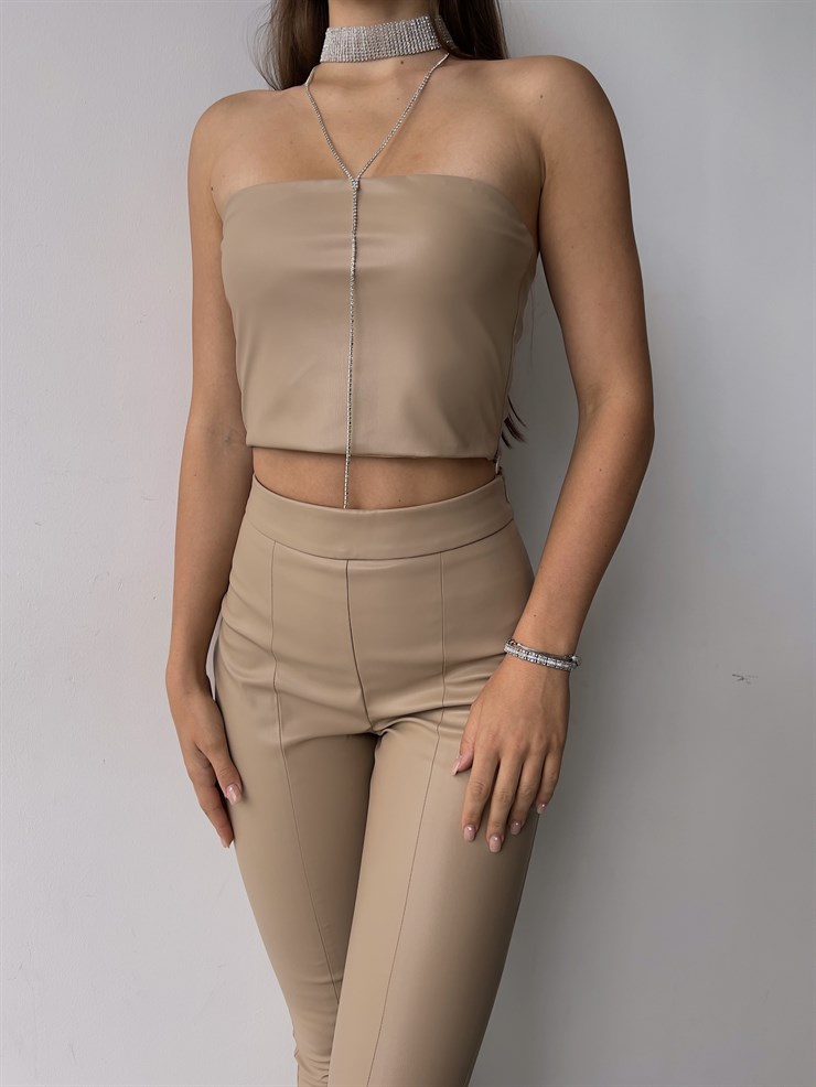 Straplez Diogo Kadın Bej Vegan Deri Crop 23K000141