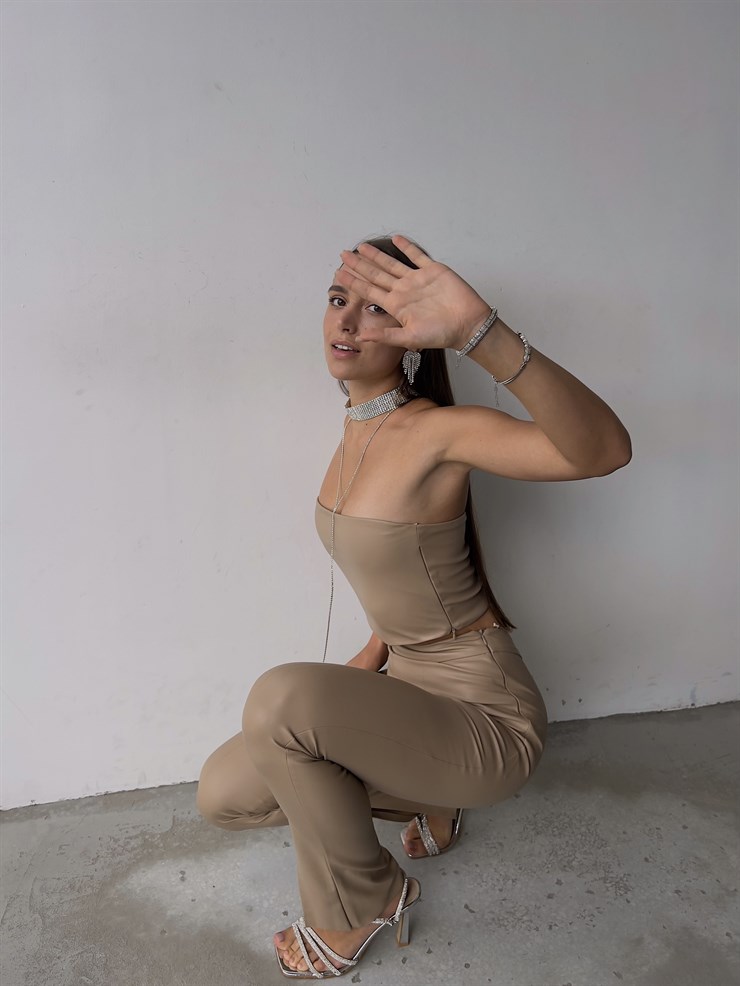 Straplez Diogo Kadın Bej Vegan Deri Crop 23K000141