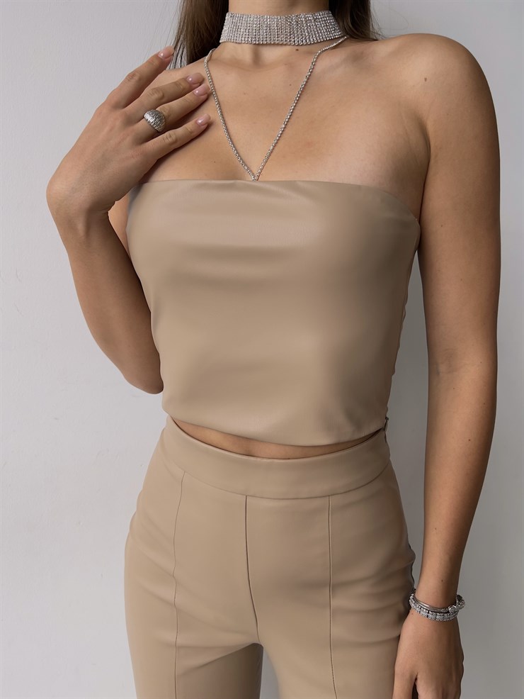 Straplez Diogo Kadın Bej Vegan Deri Crop 23K000141