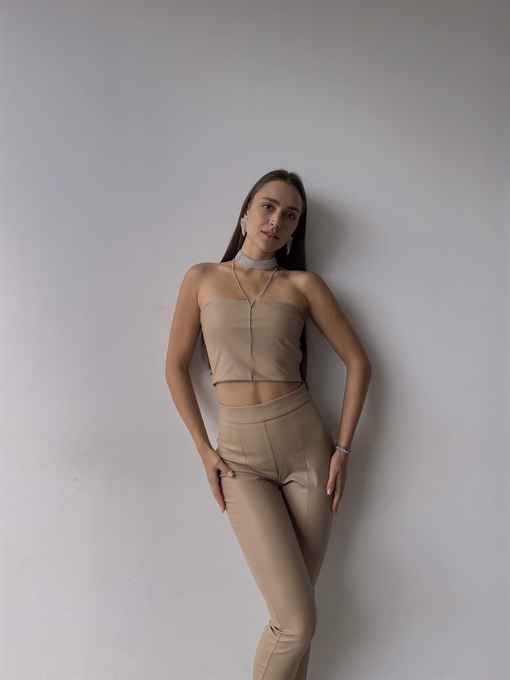 Straplez Diogo Kadın Bej Vegan Deri Crop 23K000141