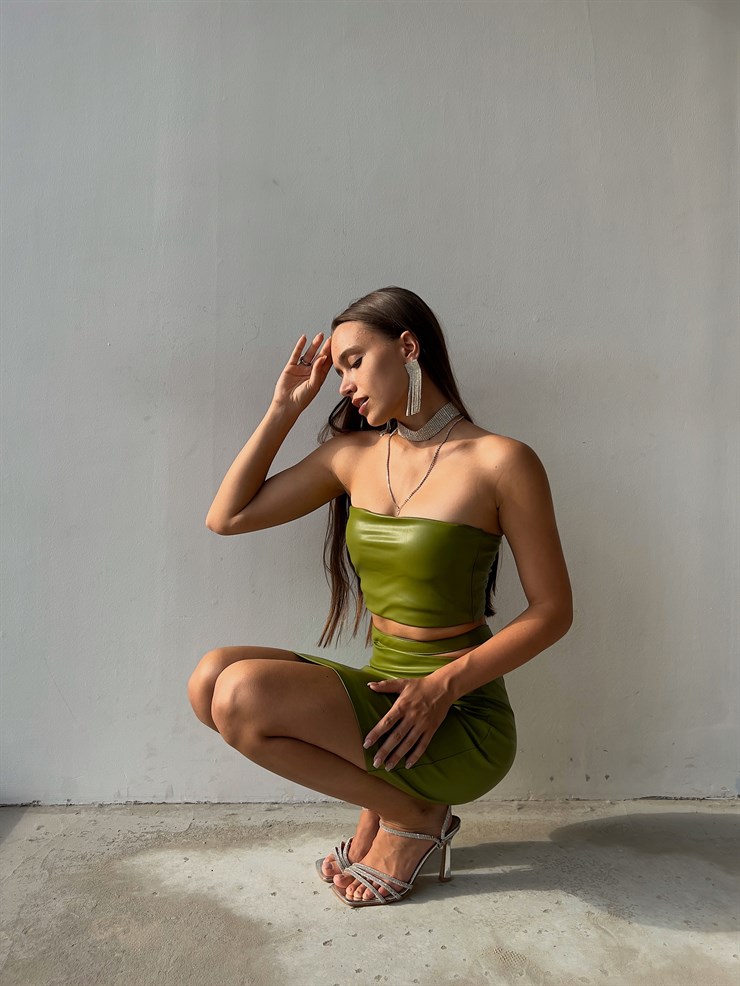 Straplez Diogo Kadın Yeşil Vegan Deri Crop 23K000141