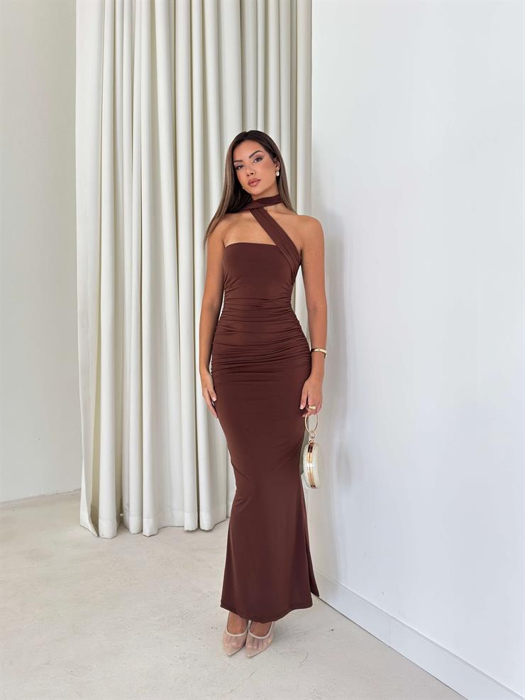 Straplez Drapeli Kuşaklı Sinde Kahve Kadın Elbise 25Y527