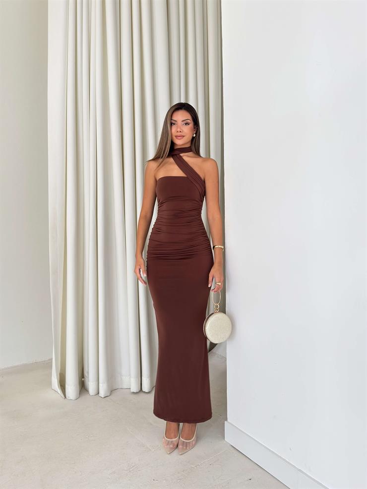 Straplez Drapeli Kuşaklı Sinde Kahve Kadın Elbise 25Y527