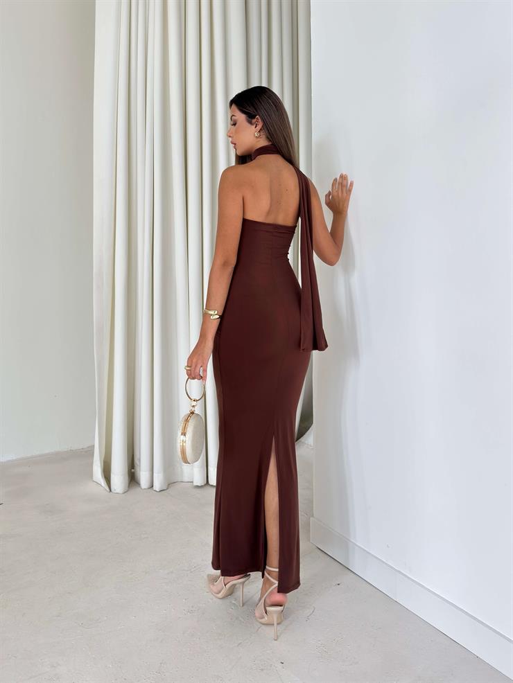 Straplez Drapeli Kuşaklı Sinde Kahve Kadın Elbise 25Y527