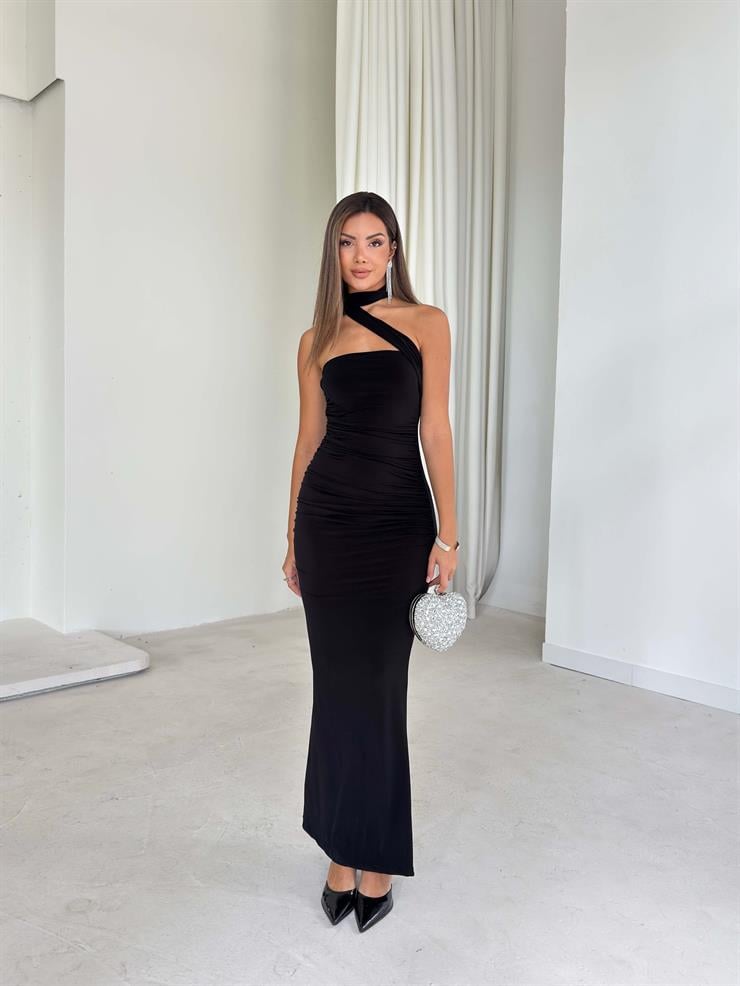 Straplez Drapeli Kuşaklı Sinde Siyah Kadın Elbise 25Y527