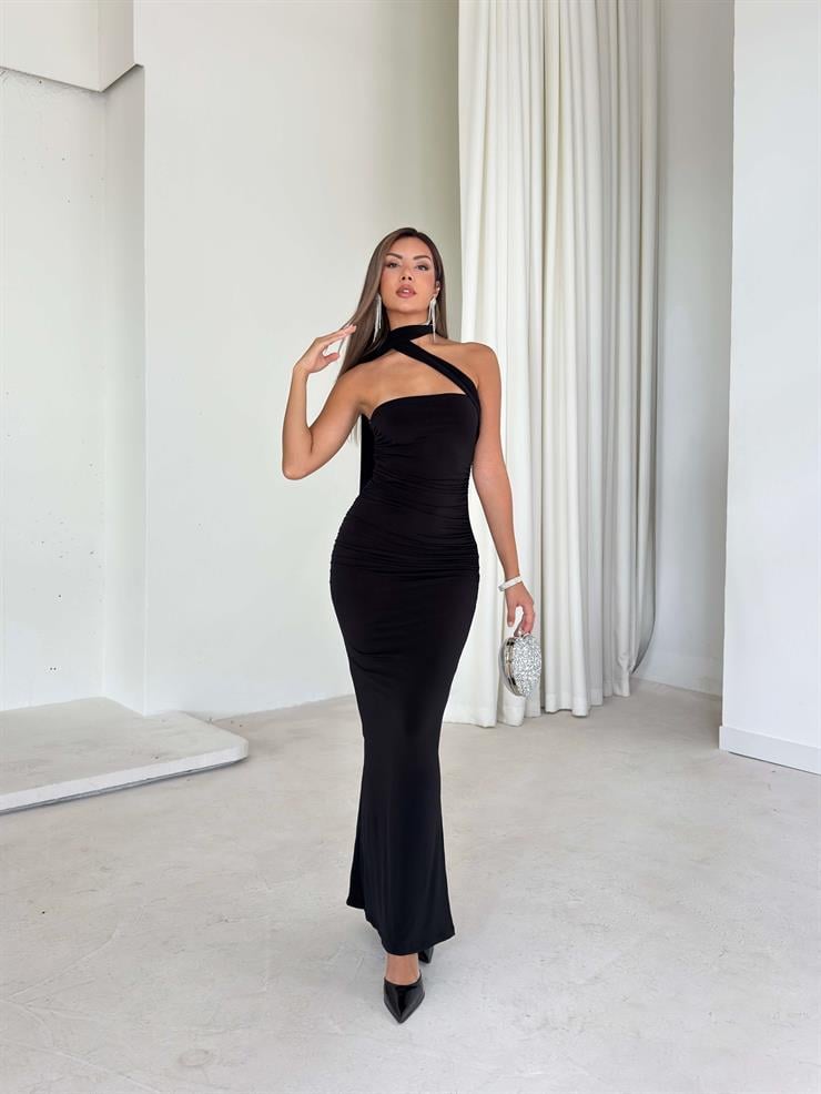 Straplez Drapeli Kuşaklı Sinde Siyah Kadın Elbise 25Y527