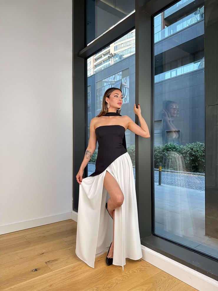 Straplez Eteği Pileli Kuşak Detaylı Narlen Siyah Kadın Elbise 25Y478