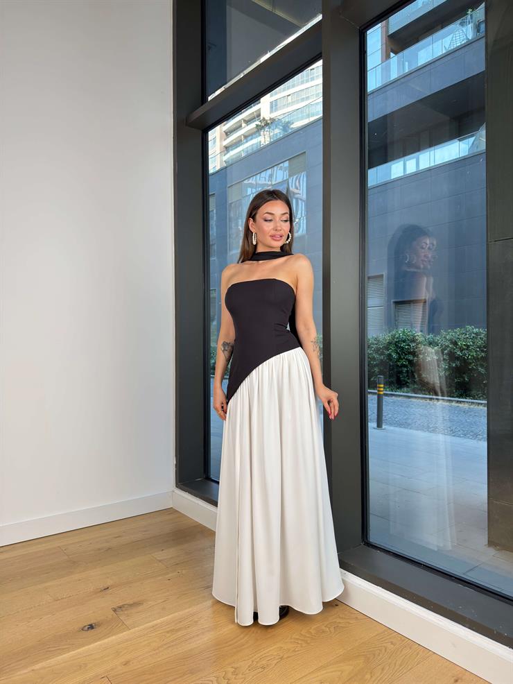 Straplez Eteği Pileli Kuşak Detaylı Narlen Siyah Kadın Elbise 25Y478