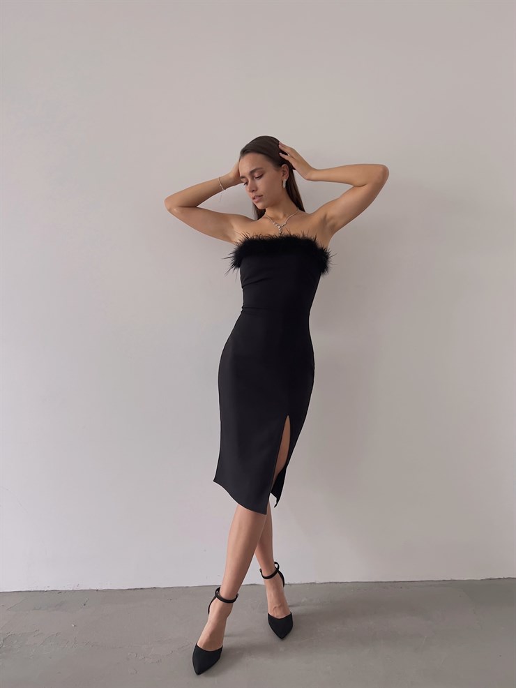 Straplez Göğüs Kısmı Tüy Detay Yırtmaçlı Orlando Kadın Siyah Midi Boy Elbise 23K000227