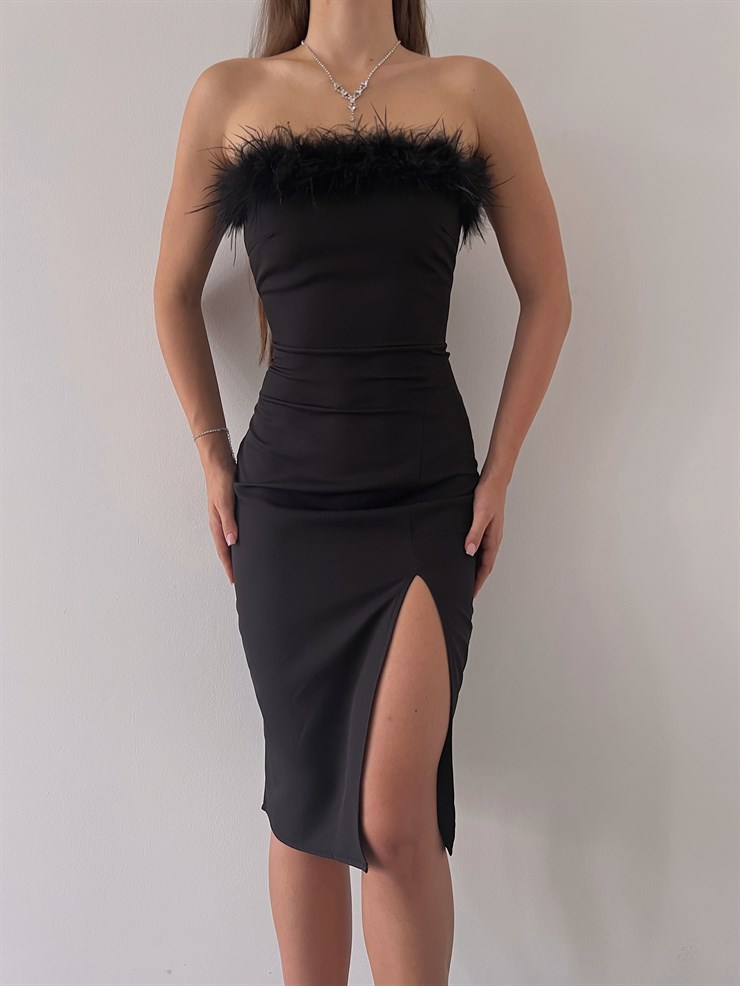 Straplez Göğüs Kısmı Tüy Detay Yırtmaçlı Orlando Kadın Siyah Midi Boy Elbise 23K000227