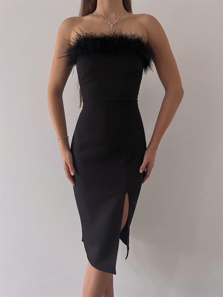 Straplez Göğüs Kısmı Tüy Detay Yırtmaçlı Orlando Kadın Siyah Midi Boy Elbise 23K000227