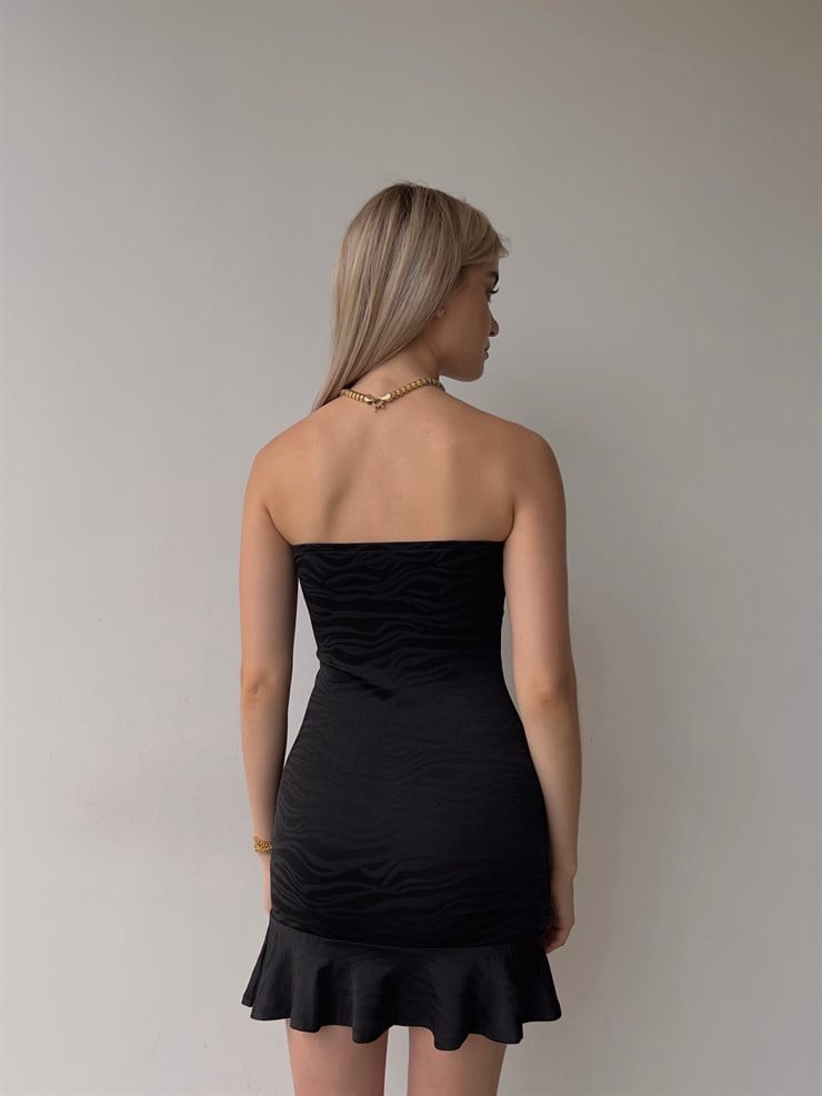 Straplez Göğüsü Bağcıklı Volanlı Streç Model Titanius Kadın Siyah Elbise 22Y000389