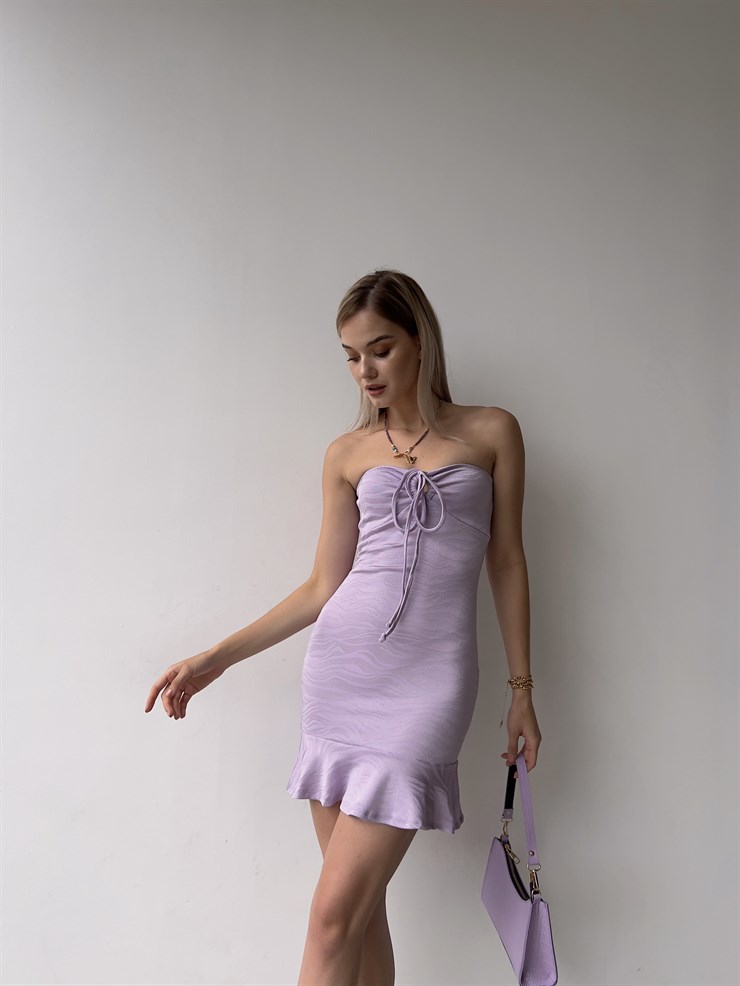 Straplez Göğüsü Bağcıklı Volanlı Streç Model  Titanius Kadın Lila Elbise 22Y000389