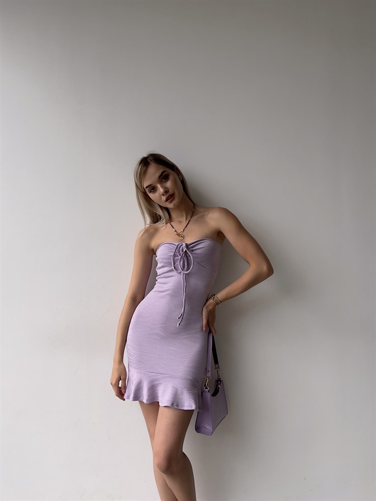 Straplez Göğüsü Bağcıklı Volanlı Streç Model  Titanius Kadın Lila Elbise 22Y000389