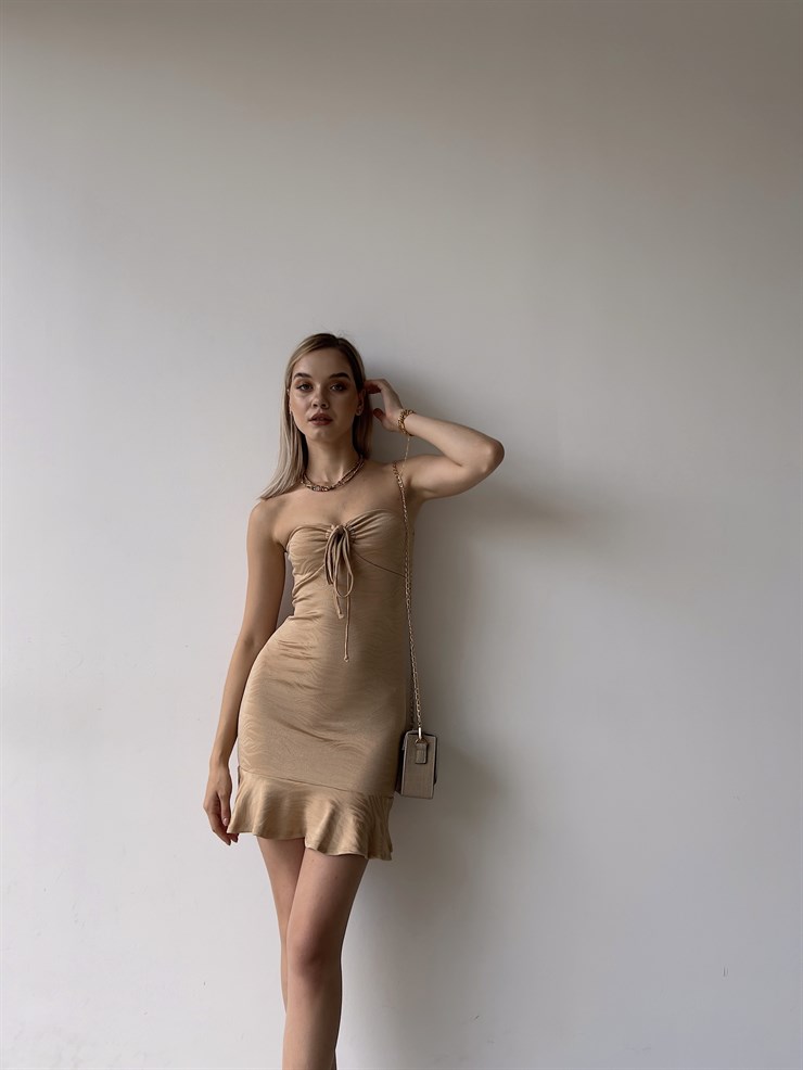 Straplez Göğüsü Bağcıklı Volanlı Streç Model Titanius Kadın Bej Elbise 22Y000389