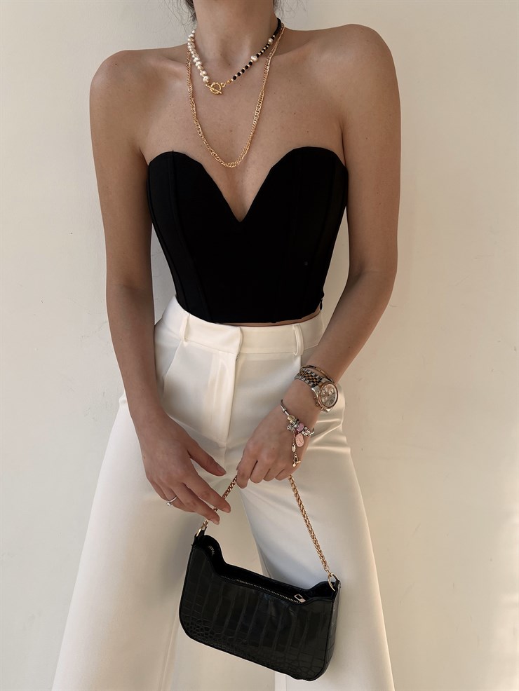 Straplez Kalp Yaka Korse Lexi Kadın Siyah Crop 22Y000141