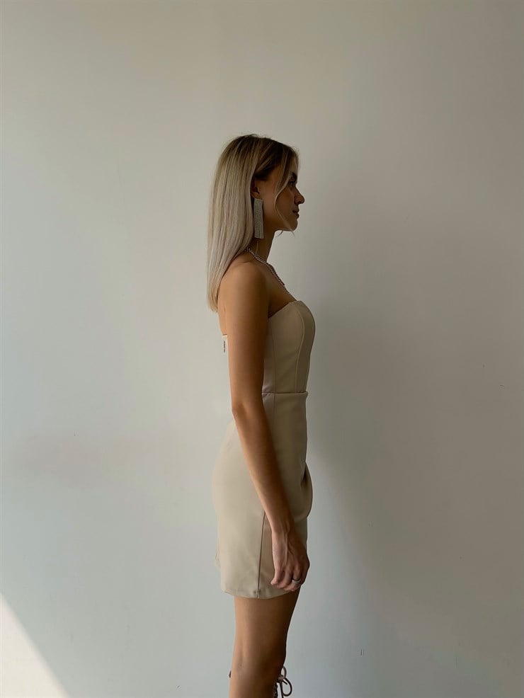 Straplez Korse Görünüm Eteği Kruvaze Vegan Deri Lopes Kadın Bej Elbise 23K000077