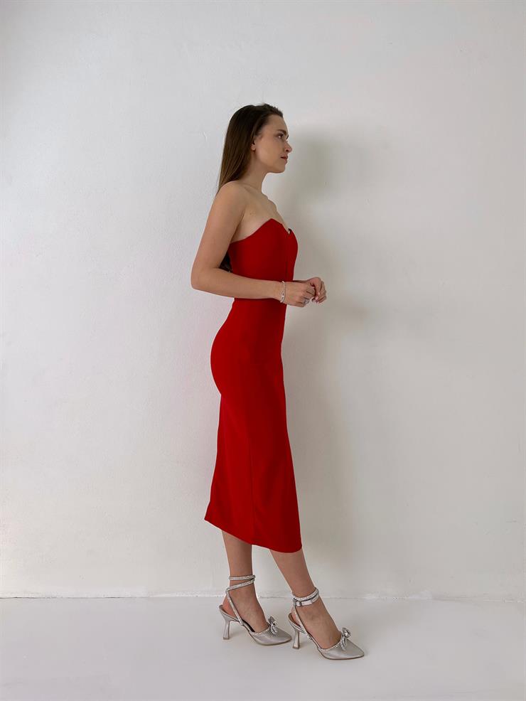 Straplez Korse Görünümlü Cherish Kadın Kırmızı Midi Elbise 23Y000072
