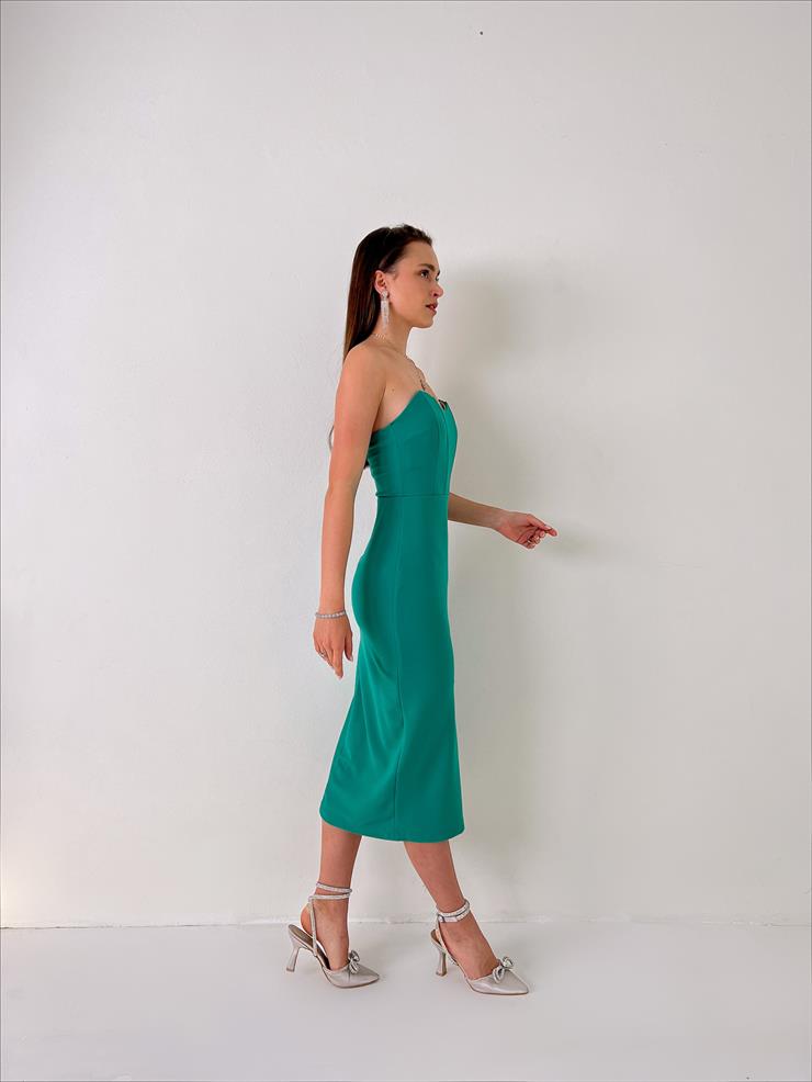 Straplez Korse Görünümlü Cherish Kadın Yeşil Midi Elbise 23Y000072