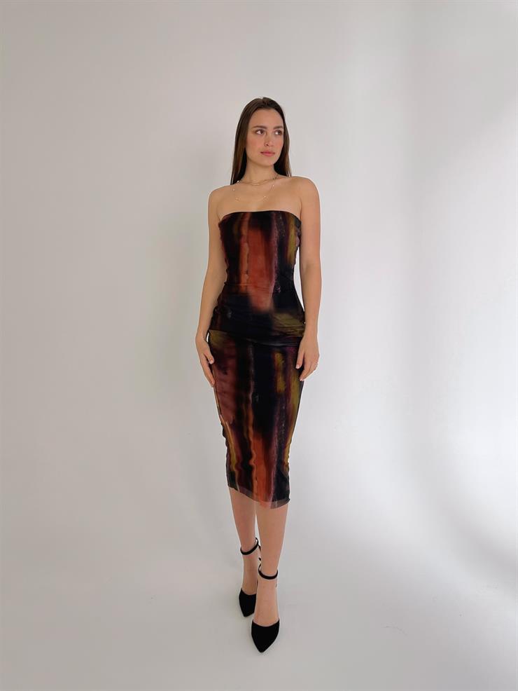 Straplez Leya Kadın Siyah Desenli Midi Elbise 23K000457