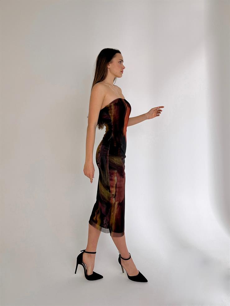 Straplez Leya Kadın Siyah Desenli Midi Elbise 23K000457