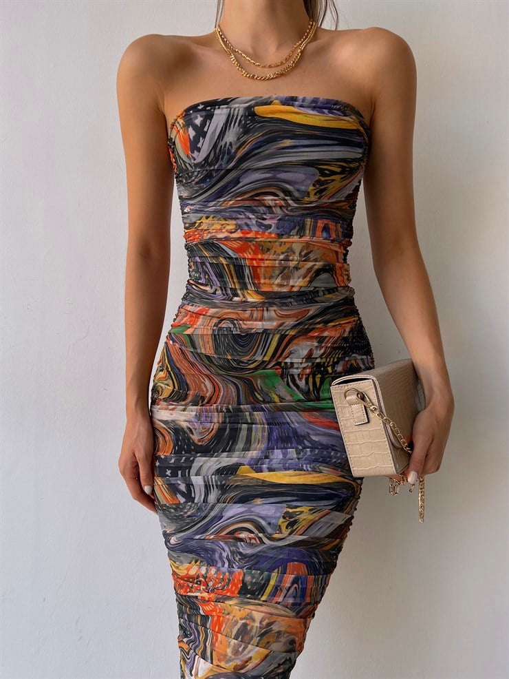 Straplez Midi Boy Desenli Tül Kumaş Carmelina Kadın Renkli Büzgülü Elbise 22Y000496