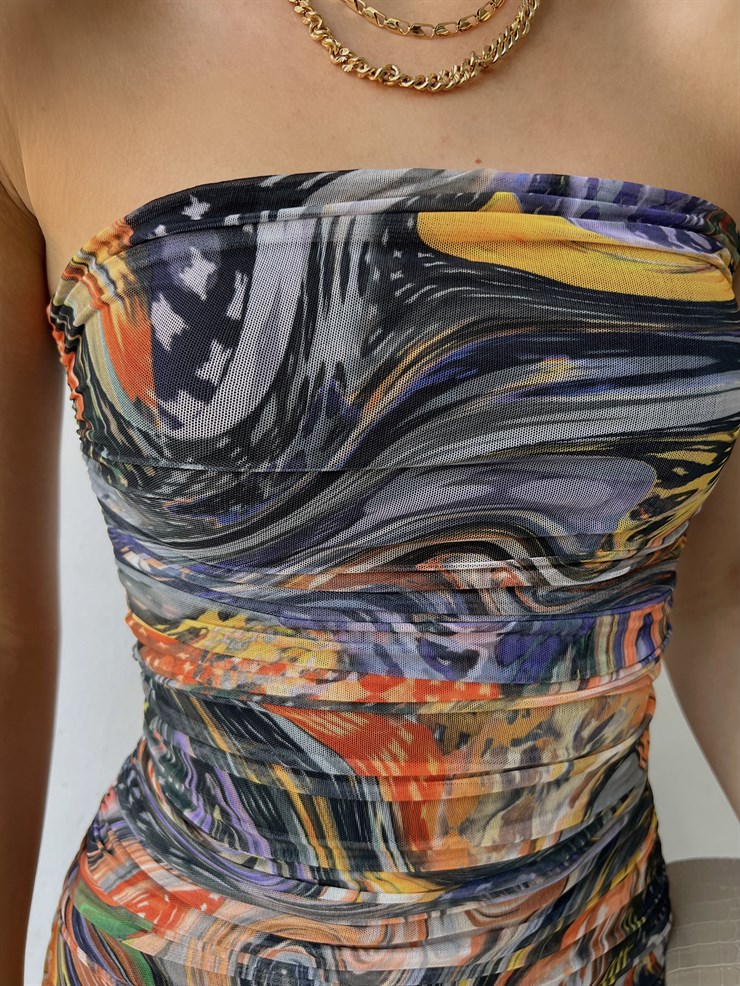 Straplez Midi Boy Desenli Tül Kumaş Carmelina Kadın Renkli Büzgülü Elbise 22Y000496