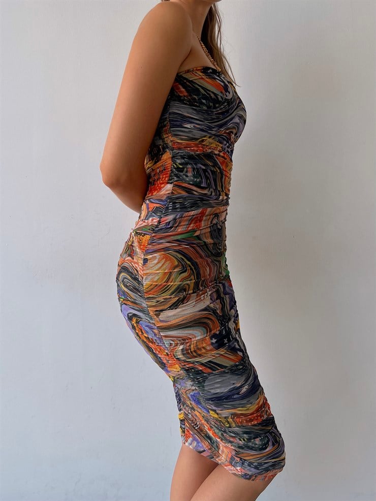Straplez Midi Boy Desenli Tül Kumaş Carmelina Kadın Renkli Büzgülü Elbise 22Y000496