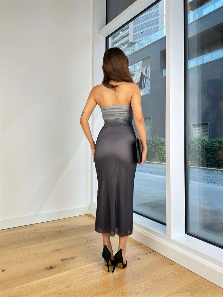 Straplez Streç Drapeli Rudolf Kadın Gri Renk Geçişli Elbise 24Y821