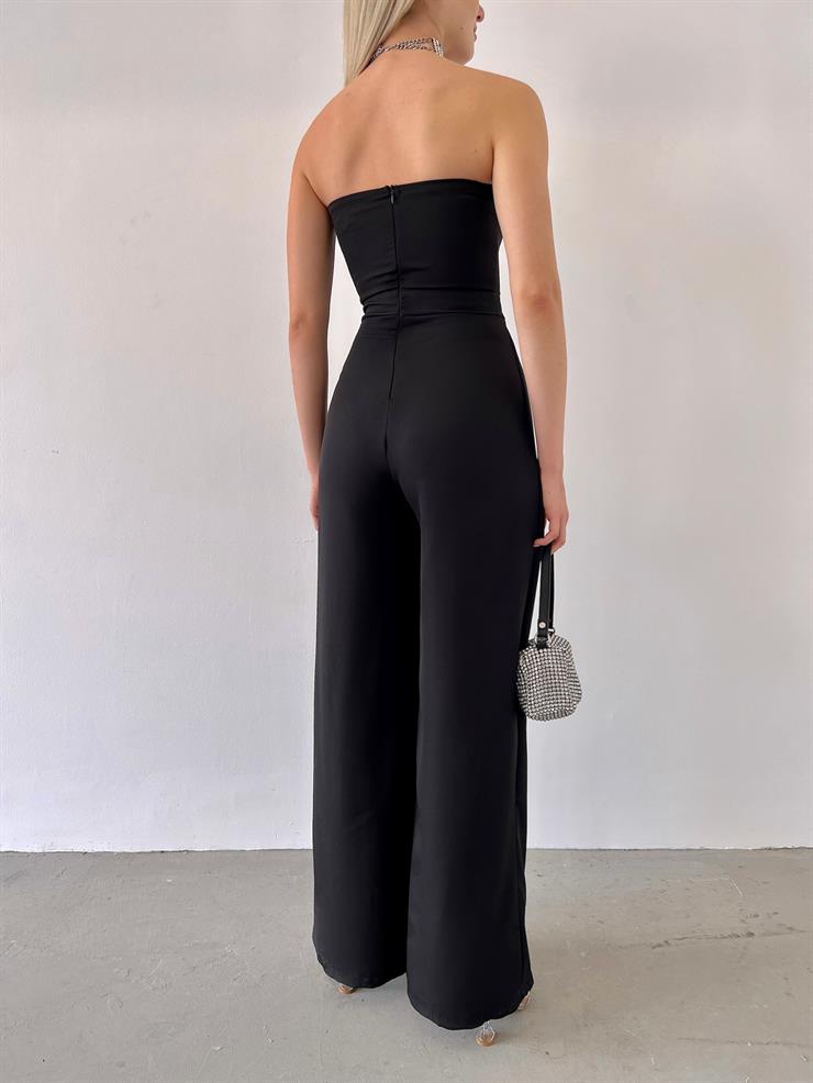 Straplez Yırtmaç Detaylı Straight Kadın Siyah Tulum 23Y000218