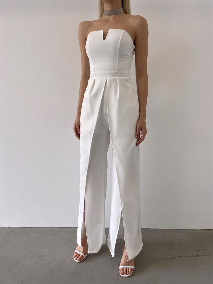 Straplez Yırtmaç Detaylı Straight Kadın Beyaz Tulum 23Y000218