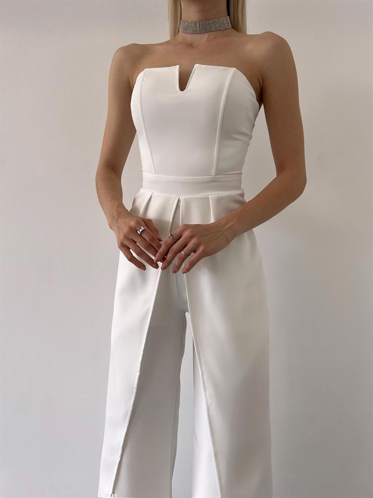 Straplez Yırtmaç Detaylı Straight Kadın Beyaz Tulum 23Y000218