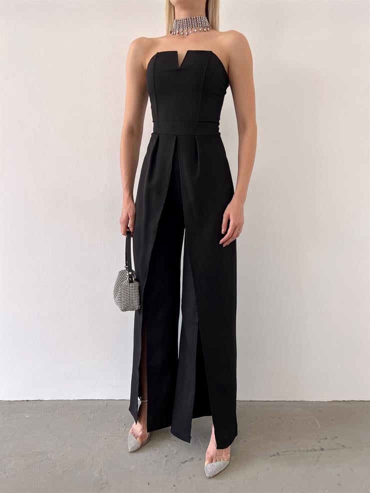 Straplez Yırtmaç Detaylı Straight Kadın Siyah Tulum 23Y000218