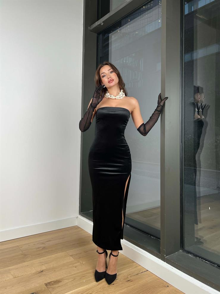 Straplez Yırtmaçlı Adne Kadın Siyah Kadife Elbise 24k305