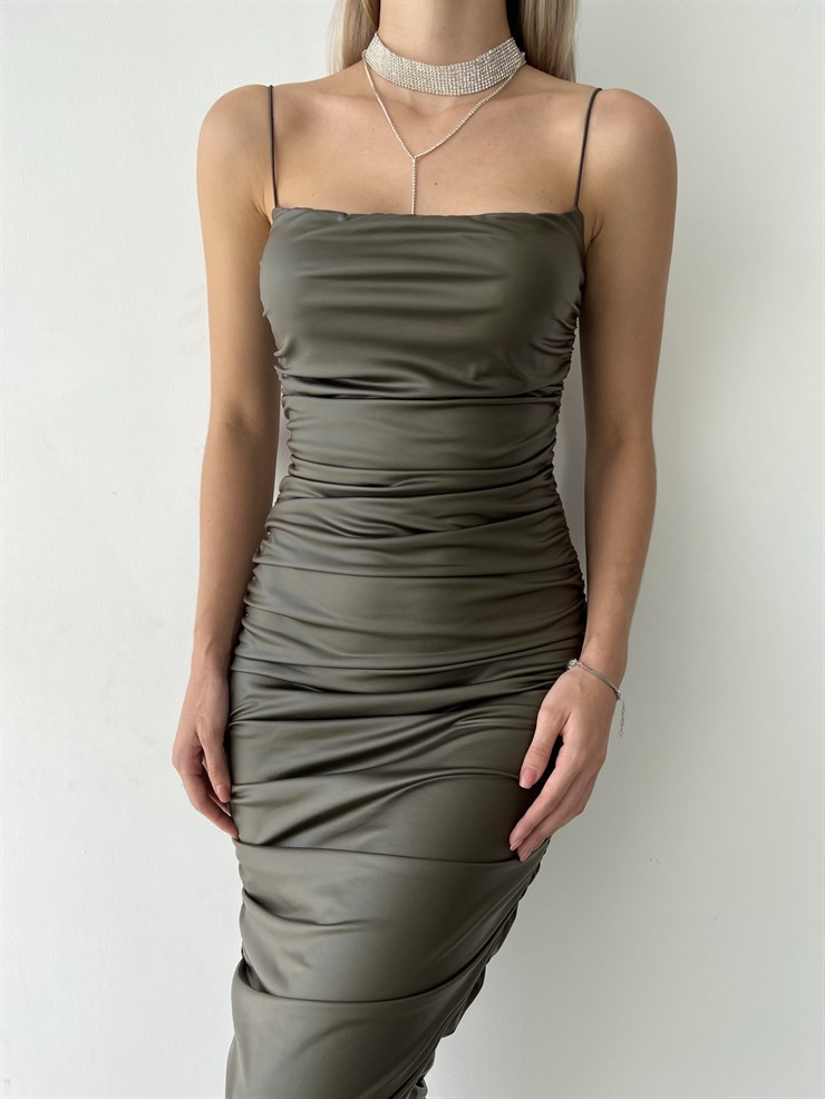 Streç İnce Askı Drapeli Juncus Kadın Haki Vegan Deri Midi Boy Elbise 23K000099