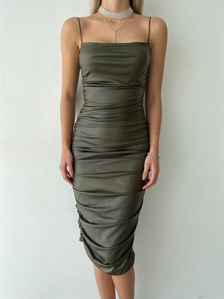 Streç İnce Askı Drapeli Juncus Kadın Haki Vegan Deri Midi Boy Elbise 23K000099
