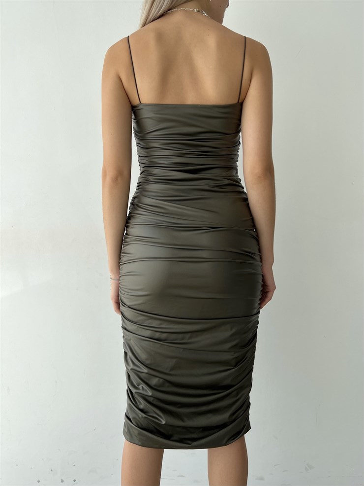 Streç İnce Askı Drapeli Juncus Kadın Haki Vegan Deri Midi Boy Elbise 23K000099