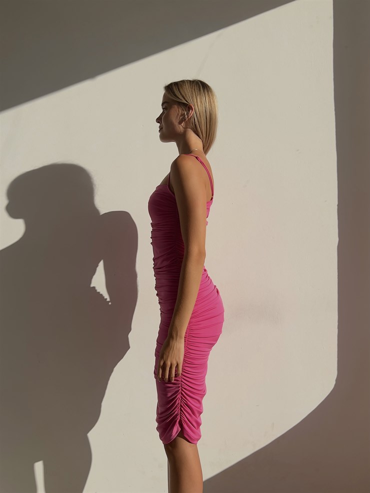 Streç İnce Askı Drapeli Taniya Kadın Fuşya Kalem Elbise 22Y000230