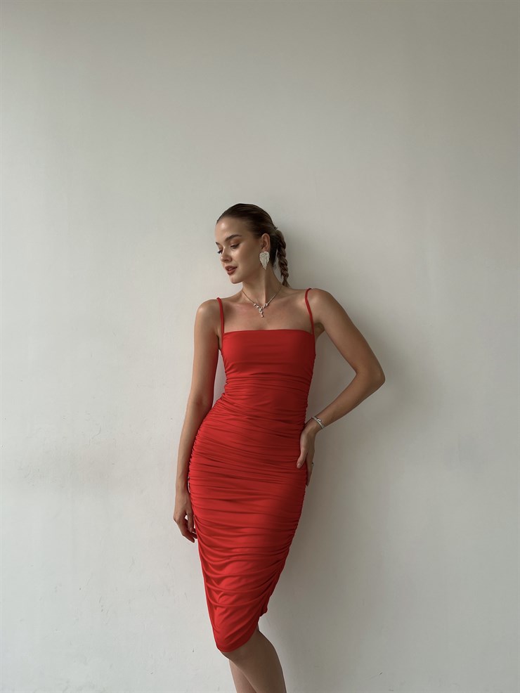 Streç İnce Askı Drapeli Taniya Kadın Kırmızı Kalem Elbise 22Y000230
