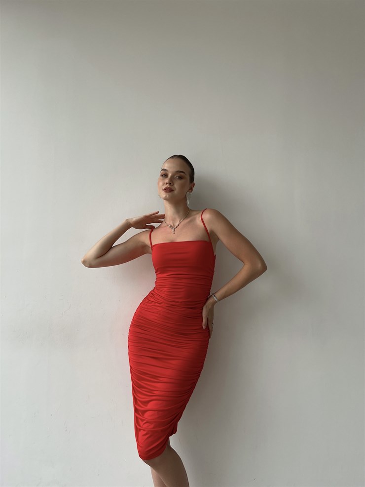 Streç İnce Askı Drapeli Taniya Kadın Kırmızı Kalem Elbise 22Y000230