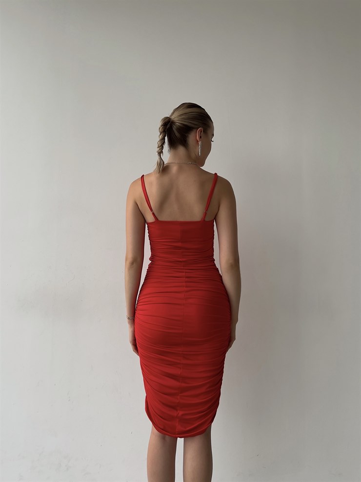 Streç İnce Askı Drapeli Taniya Kadın Kırmızı Kalem Elbise 22Y000230